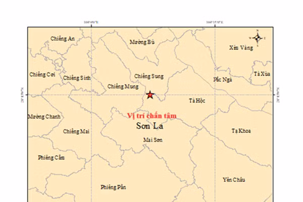 Bản đồ tâm trấn trận động đất độ lớn 4,2 tại xã Tà Hộc, tỉnh Sơn La. (Ảnh: Viện Các khoa học Trái đất cung cấp)