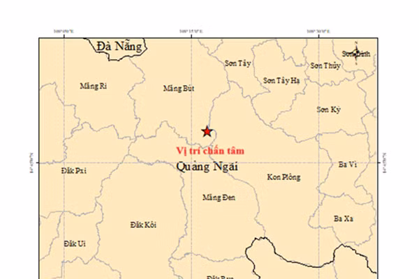 Bản đồ tâm chấn trận động đất có độ lớn 3.8 tại xã Măng Bút, tỉnh Quảng Ngãi. (Ảnh: Viện Các khoa học Trái Đất cung cấp)