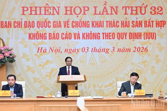 Thủ tướng Chính phủ Phạm Minh Chính chủ trì phiên họp lần thứ 32 của Ban Chỉ đạo Quốc gia về IUU. (Ảnh: TRẦN HẢI)