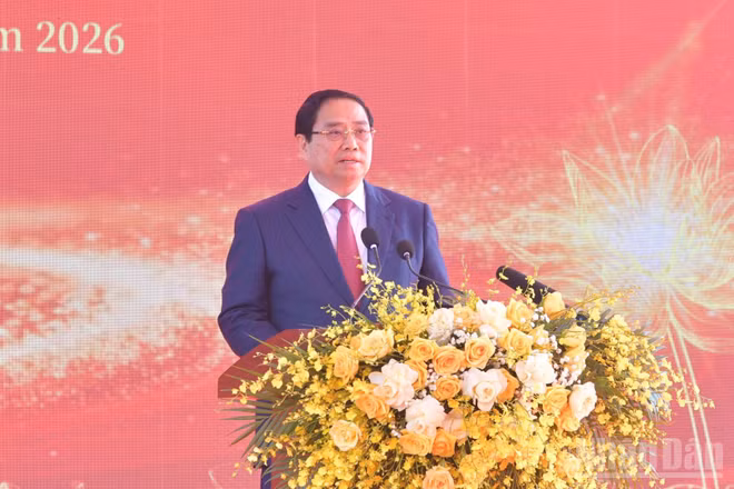 Thủ tướng Phạm Minh Chính phát biểu ý kiến tại Lễ kỷ niệm 120 năm Ngày sinh Thủ tướng Phạm Văn Đồng. (Ảnh: Thanh Giang)