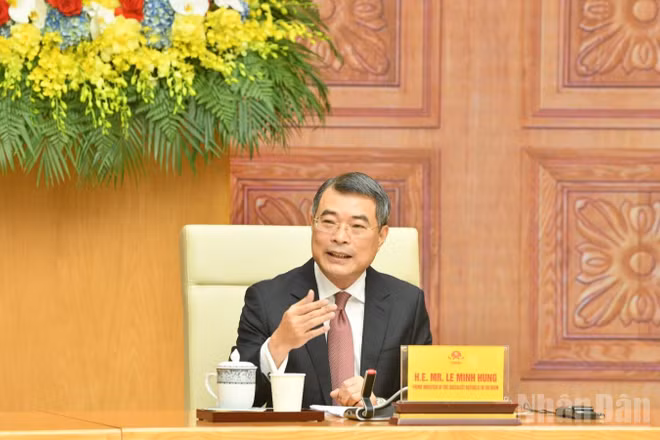 Thủ tướng Chính phủ Lê Minh Hưng phát biểu ý kiến tại buổi làm việc với Đoàn doanh nghiệp cấp cao Hội đồng Kinh doanh Hoa Kỳ-ASEAN (USABC). (Ảnh: THANH GIANG)