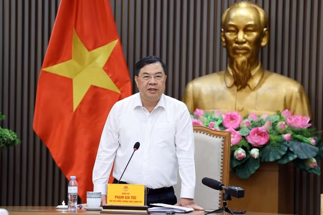 Phó Thủ tướng Thường trực Chính phủ Phạm Gia Túc chủ trì cuộc làm việc với Bộ Công thương về tình hình cung ứng, phân phối xăng sinh học E10. (Ảnh: VGP/Phương Nguyên)