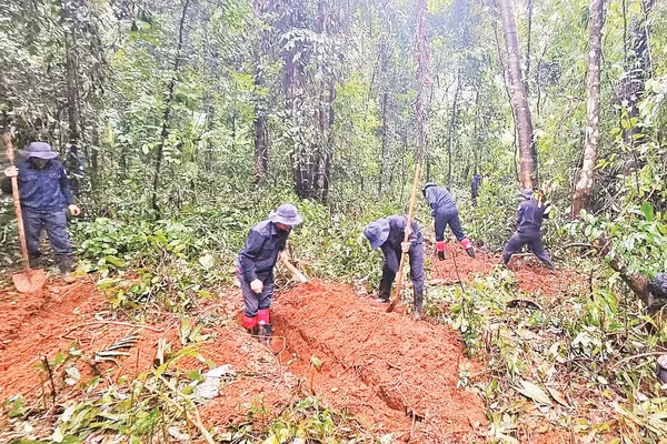 Cán bộ, chiến sĩ Đội tìm kiếm hài cốt liệt sĩ thành phố Đồng Nai đào khảo sát tại Vườn quốc gia xã Bù Gia Mập. 