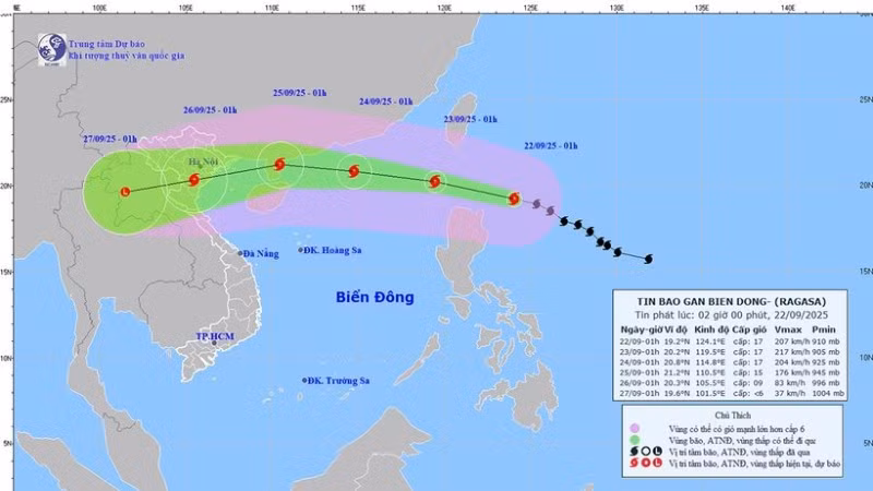 Bản đồ dự báo quỹ đạo và cường độ siêu bão Ragasa phát lúc 2 giờ ngày 22/9. (Ảnh: Báo Nhân Dân điện tử)