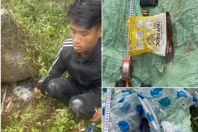 Một trong số 4 đối tượng bị bắt cùng hung khí là khẩu súng ngắn. (Ảnh: Công an Quảng Trị)