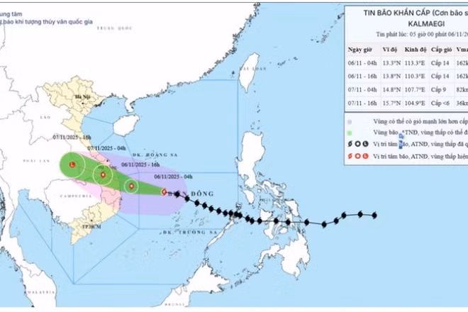 Bản đồ dự báo quỹ đạo và cường độ bão số 13 (Kalmaegi) phát lúc 5 giờ sáng 6/11/2025. (Nguồn: Trung tâm Dự báo khí tượng thủy văn quốc gia)