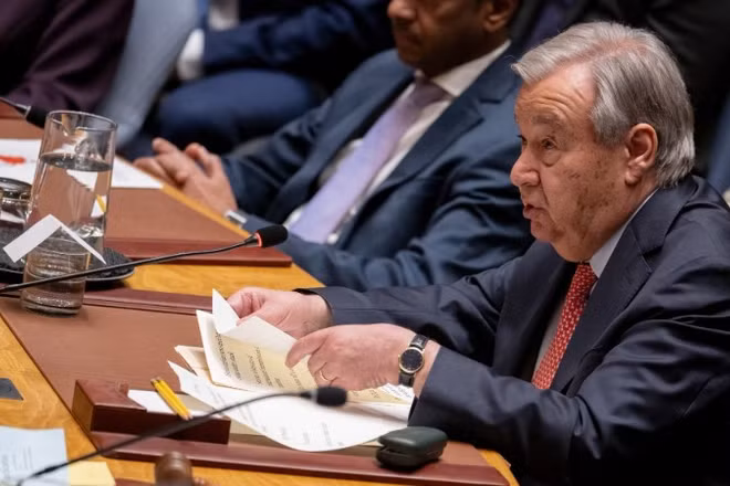 Tổng Thư ký Liên hợp quốc Antonio Guterres phát biểu tại phiên họp của Hội đồng Bảo an Liên hợp quốc về Ukraine, ở New York (Mỹ) ngày 28/5/2026. (Ảnh: THX/TTXVN)