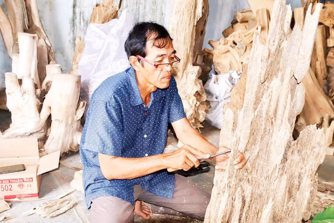 Ông Nguyễn Văn Thái (60 tuổi) đang miệt mài chế tác một khúc trầm cảnh mỹ nghệ.
