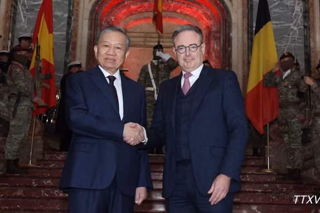 Thủ tướng Bỉ Bart De Wever đón Tổng Bí thư, Chủ tịch nước Tô Lâm. (Ảnh: Thống Nhất/TTXVN)
