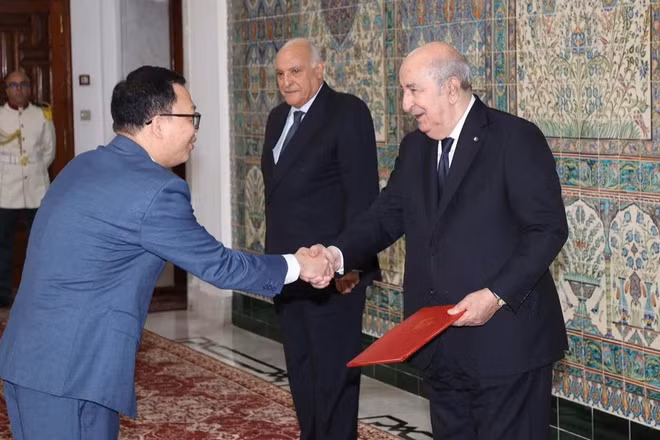 Đại sứ Vũ Duy Long trình Thư Ủy nhiệm lên Tổng thống Abdelmadjid Tebboune. (Ảnh: Đại sứ quán Việt Nam tại Algeria cung cấp)