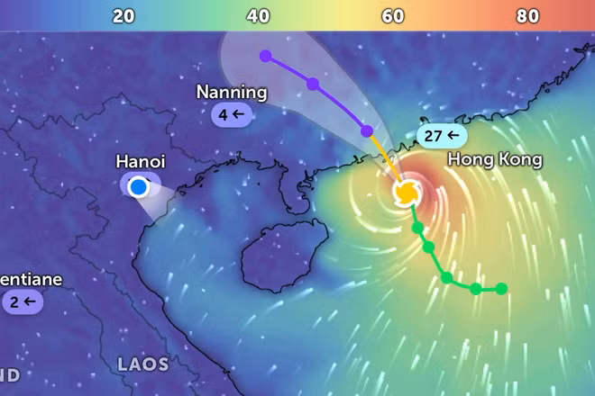 Đường đi của bão số 7 lúc 6 giờ 40 phút. (Ảnh: Zoom Earth).