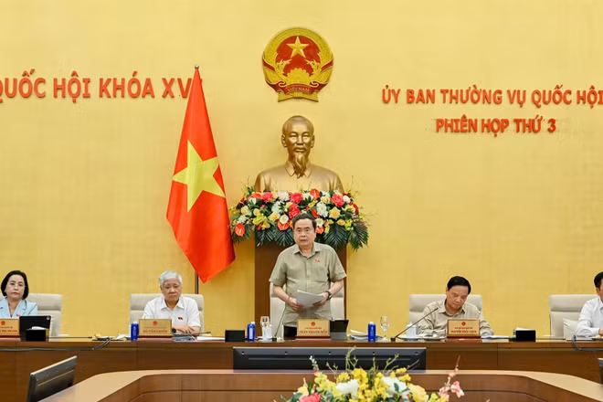 Chủ tịch Quốc hội Trần Thanh Mẫn phát biểu tại Phiên họp thứ 3 của Ủy ban Thường vụ Quốc hội ngày 23/6/2026. (Ảnh: THỦY NGUYÊN)