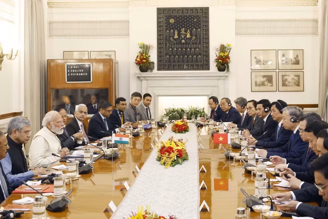 Tổng Bí thư, Chủ tịch nước Tô Lâm hội đàm với Thủ tướng Ấn Độ Narendra Modi. (Ảnh: Thống Nhất/TTXVN)