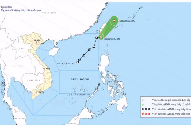 Bản đồ dự báo quỹ đạo và cường độ áp thấp nhiệt đới lúc 8 giờ ngày 5/6.