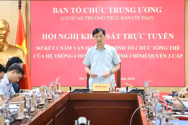 Đồng chí Nguyễn Duy Ngọc, Ủy viên Bộ Chính trị, Bí thư Trung ương Đảng, Trưởng ban Tổ chức Trung ương phát biểu chỉ đạo tại Hội nghị khảo sát trực tuyến sơ kết một năm vận hành mô hình tổ chức tổng thể của hệ thống chính trị, mô hình chính quyền 3 cấp. (Ảnh: dangcongsan.org.vn)