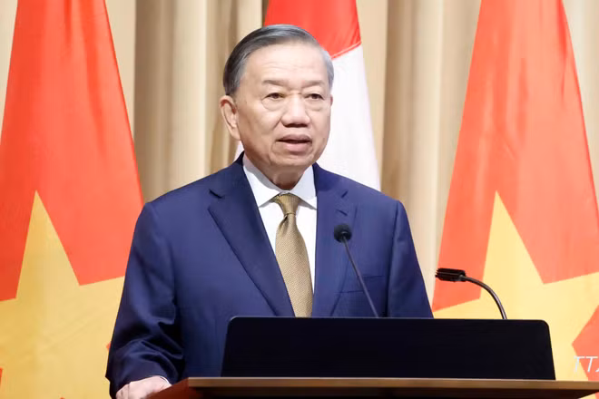 Tổng Bí thư, Chủ tịch nước Tô Lâm phát biểu chính sách "Quan hệ Đối tác chiến lược Việt Nam-Canada trong bối cảnh thế giới đầy biến động”. (Ảnh: TTXVN)
