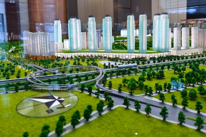 Phối cảnh Khu đô thị thông minh Tiến Xuân - một mô hình đô thị thông minh thí điểm của Hà Nội, găn kết, hỗ trợ Khu Công nghệ cao Hòa Lạc. 