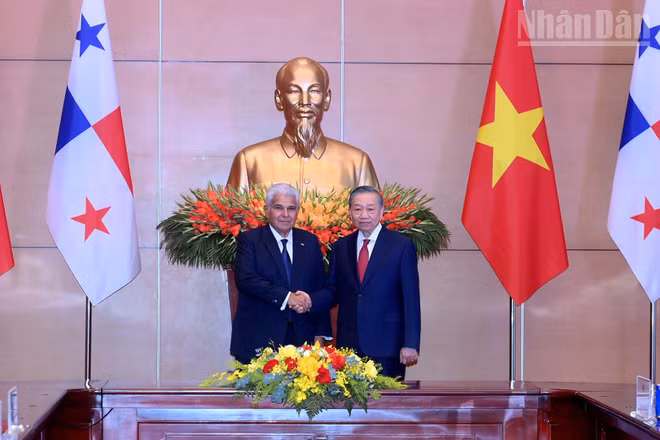 Tổng Bí thư, Chủ tịch nước Tô Lâm với Tổng thống Panama Jose Raul Mulino tại hội đàm. (Ảnh: ĐĂNG KHOA)