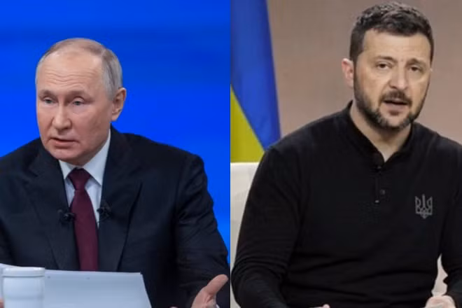 Tổng thống Nga Vladimir Putin (trái) và Tổng thống Ukraine Volodymyr Zelensky. (Ảnh: Xinhua)