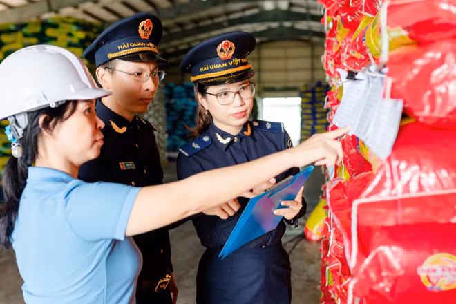 Cơ quan hải quan kiểm tra hàng hóa xuất nhập khẩu tại khu vực tập kết hàng. (Ảnh: CHQ)