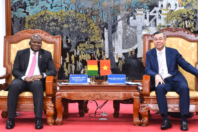 Bộ trưởng Tài chính Ngô Văn Tuấn làm việc với Bộ trưởng Kế hoạch, Hợp tác quốc tế và Phát triển Cộng hòa Ghi-nê Ismaël NaBé. (Ảnh: Bộ Tài chính)