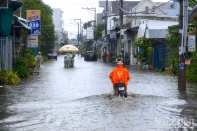 Một khu dân cư thuộc phường An Xuyên (tỉnh Cà Mau) bị ngập sâu trong mưa vào sáng 23/9. (Ảnh: HỮU TÙNG)