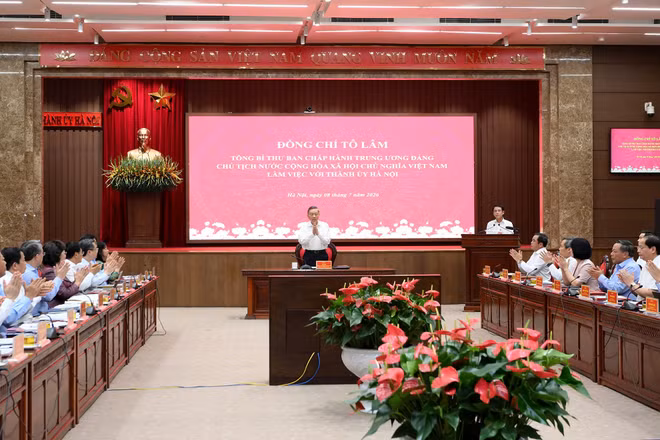 Tổng Bí thư, Chủ tịch nước Tô Lâm chủ trì cuộc làm việc với Thành ủy Hà Nội. (Ảnh: ĐĂNG KHOA)