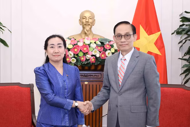 Bộ trưởng Ngoại giao Lê Hoài Trung tiếp bà Touch Sopharath, Đại sứ Campuchia tại Việt Nam. (Ảnh: An Đăng/TTXVN)