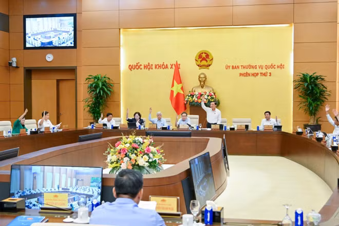 100% thành viên Ủy ban Thường vụ Quốc hội tham gia biểu quyết tán thành thông qua Nghị quyết. (Ảnh: THỦY NGUYÊN)
