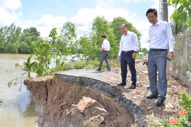 Lãnh đạo Sở Nông nghiệp và Môi trường tỉnh Đồng Tháp khảo sát điểm sạt lở bờ Tây kênh 28.