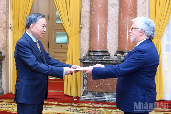 Tổng Bí thư, Chủ tịch nước Tô Lâm và Đại sứ Bồ Đào Nha Joaquim Alberto De Sousa Moreira De Lemos. (Ảnh: ĐĂNG KHOA)