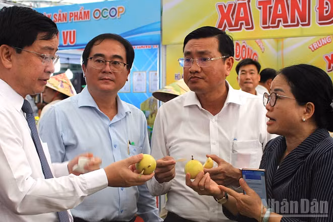 Ủy viên Trung ương Đảng, Bí thư Tỉnh ủy Tây Ninh Nguyễn Văn Quyết (bìa trái) trao đổi với sở, ngành trong việc sản xuất hàng nông sản tạo ra giá trị gia tăng. (Ảnh: THANH PHONG)