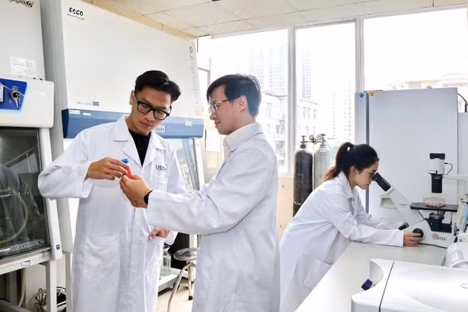 Hướng dẫn sinh viên Trường đại học Khoa học và Công nghệ Hà Nội (Viện Hàn lâm Khoa học và Công nghệ Việt Nam) nghiên cứu các đề tài khoa học có tính ứng dụng cao trong thực tiễn. (Ảnh: USTH)