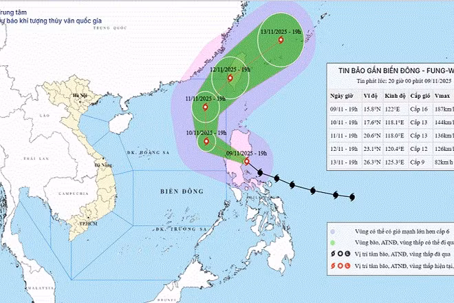 Bản đồ dự báo quỹ đạo và cường độ bão Fung-Wong phát lúc 20 giờ ngày 9/11.