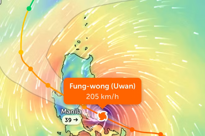 Vị trí bão Fung-Wong lúc 14 giờ 30 phút ngày 9/11. (Ảnh: Zoom Earth)
