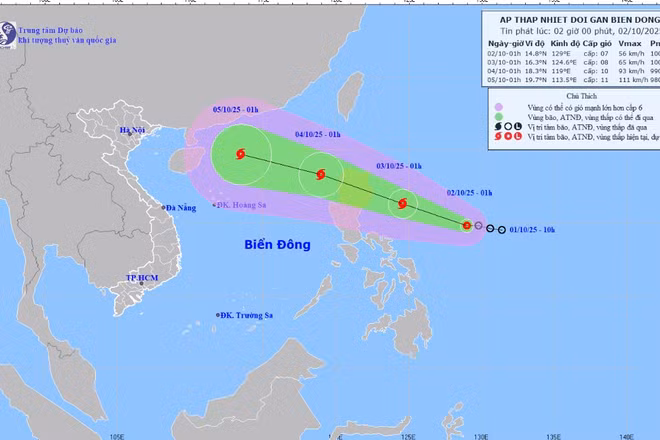 Bản đồ dự báo quỹ đạo và cường độ áp thấp nhiệt đới phát lúc 2 giờ ngày 2/10.