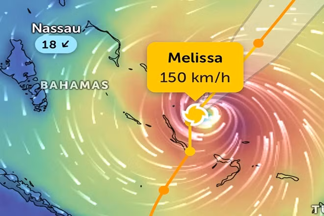 Vị trí bão Melissa lúc 7 giờ 40 phút sáng 30/10. (Ảnh Zoom Earth)