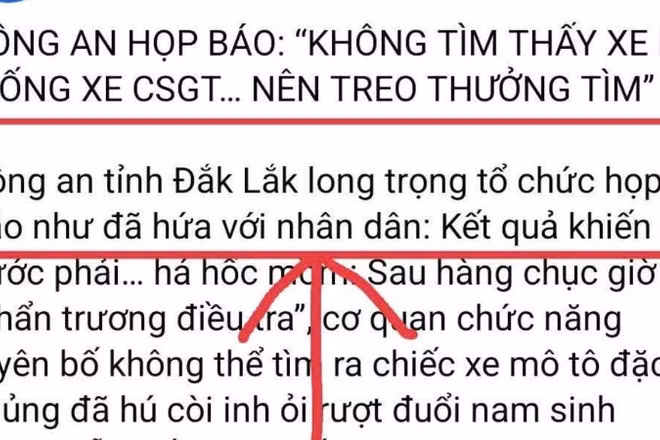 Thông tin Công an tỉnh Đắk Lắk họp báo liên quan đến vụ tai nạn giao thông khiến nam sinh lớp 12 tử vong ở Đắk Lắk được lan truyền trên mạng xã hội là bịa đặt.