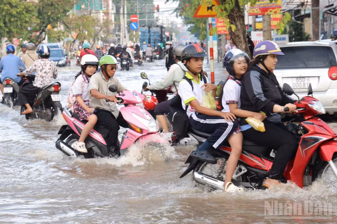 Các đợt triều cường thường làm ngập một số tuyến đường ven sông Hậu. (Ảnh: TƯỜNG VY)