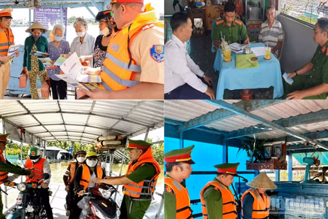 Lực lượng Công an Cần Thơ tuyên truyền, hướng dẫn, kiểm tra và tổ chức ký cam kết bảo đảm an toàn giao thông đường thủy. (Ảnh: Công an cung cấp)