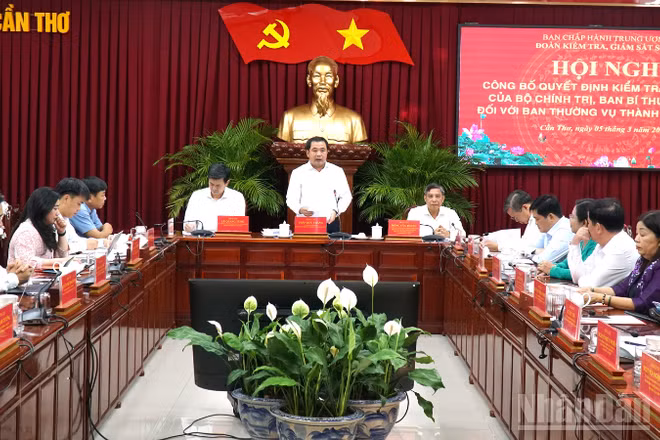 Ủy viên Bộ Chính trị, Bộ trưởng Nông nghiệp và Môi trường Trần Đức Thắng phát biểu kiểm tra, giám sát đối với Ban Thường vụ Thành ủy Cần Thơ. 