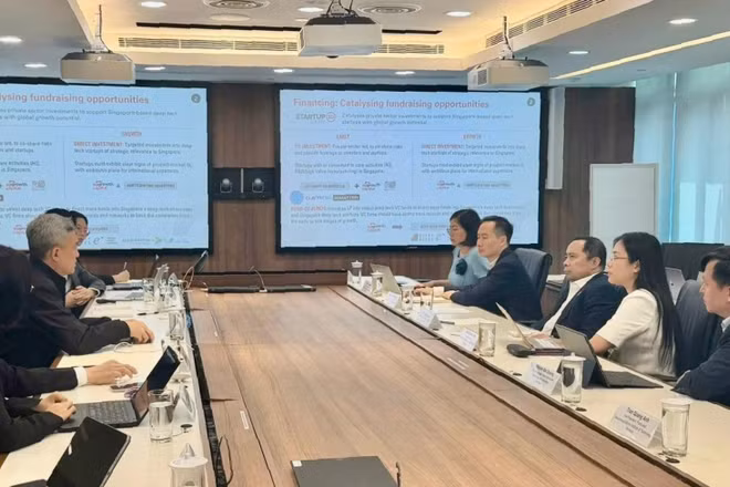 Toàn cảnh buổi làm việc giữa Bộ trưởng Khoa học và Công nghệ Vũ Hải Quân và Bộ Phát triển số và Thông tin Singapore.