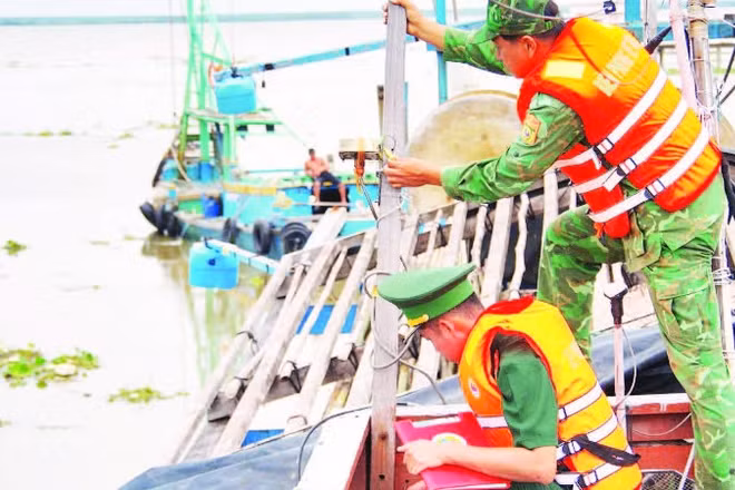 Bộ đội Biên phòng Đồng Tháp kiểm tra hệ thống giám sát hành trình trên một tàu cá ở tỉnh Đồng Tháp.