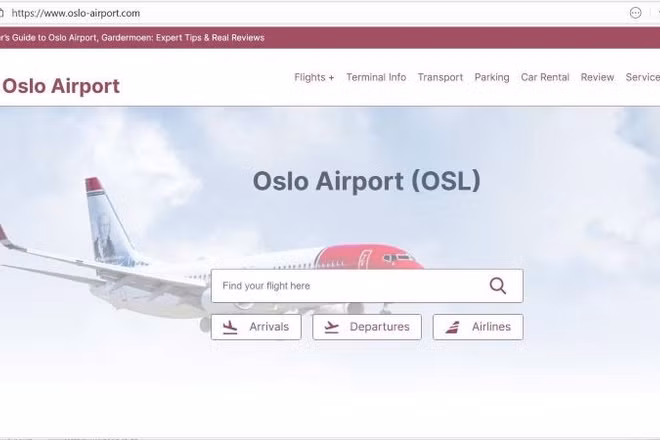 Website của sân bay Oslo, Na Uy. (ẢNH CHỤP MÀN HÌNH)
