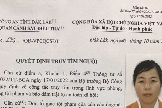 Quyết định truy tìm đối với Nguyễn Thị Thanh Vân.