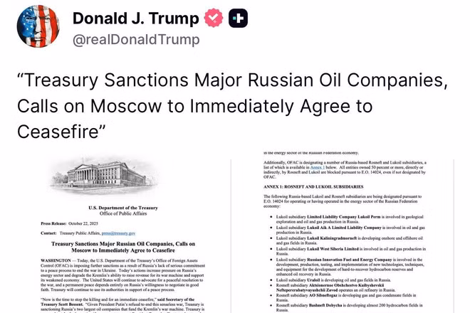 Tổng thống Mỹ Donald Trump viết trên mạng xã hội Truth về lệnh trừng phạt mới nhắm vào Nga.