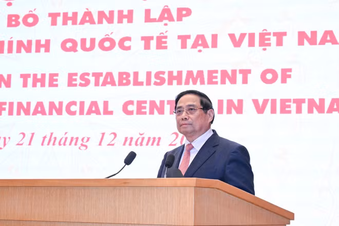 Thủ tướng Chính phủ Phạm Minh Chính phát biểu tại Hội nghị công bố thành lập Trung tâm Tài chính quốc tế tại Việt Nam. (Ảnh: Trần Hải)