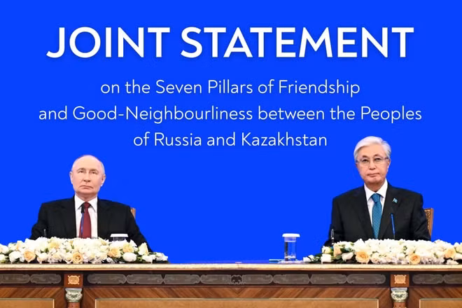 Tổng thống Nga Vladimir Putin và người đồng cấp nước chủ nhà Kassym-Jomart Tokayev. Ảnh: Kremlin