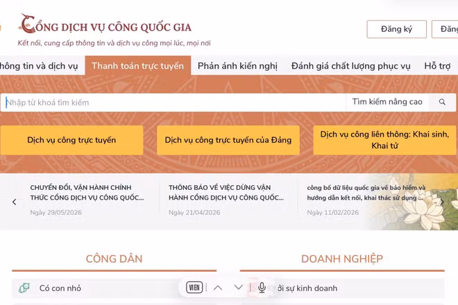 Trang chủ dịch vụ công trực tuyến quốc gia. (Ảnh chụp màn hình)