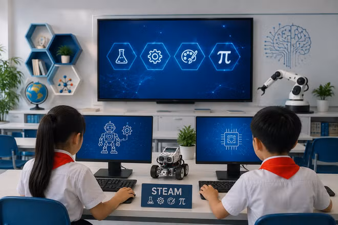 Nhiều cơ sở giáo dục đã chủ động xây dựng các mô hình đưa AI vào trường học theo lộ trình phù hợp với từng cấp học. (Ảnh có sử dụng AI).